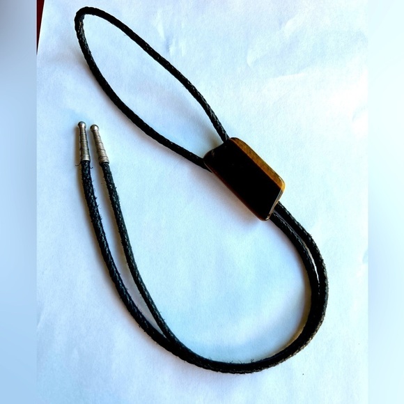 Vintage Bolo Tie Polished Tiger Eye Stone Large  Brown Yellow Braided Cord​​​ - Picture 9 of 11